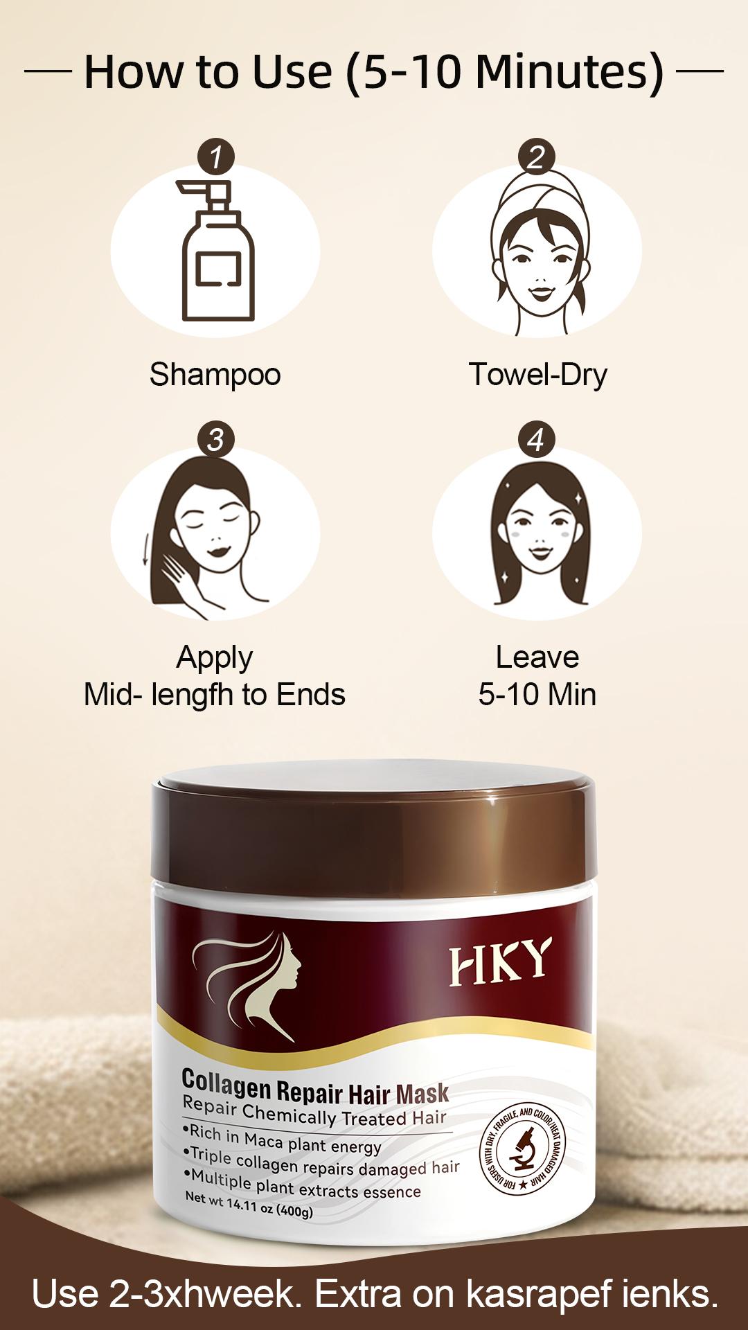 HKY Collagen Deep Repair Hair Mask, Argan Oil Deep Conditioner Treatment for Dry, Damaged, Frizzy Hair. Natural Hydrating Haircare for Color-Treated, Bleached Hair, Split Ends & Breakage. Professional Salon Quality Smoothing Frizz Control Formula (400 g)