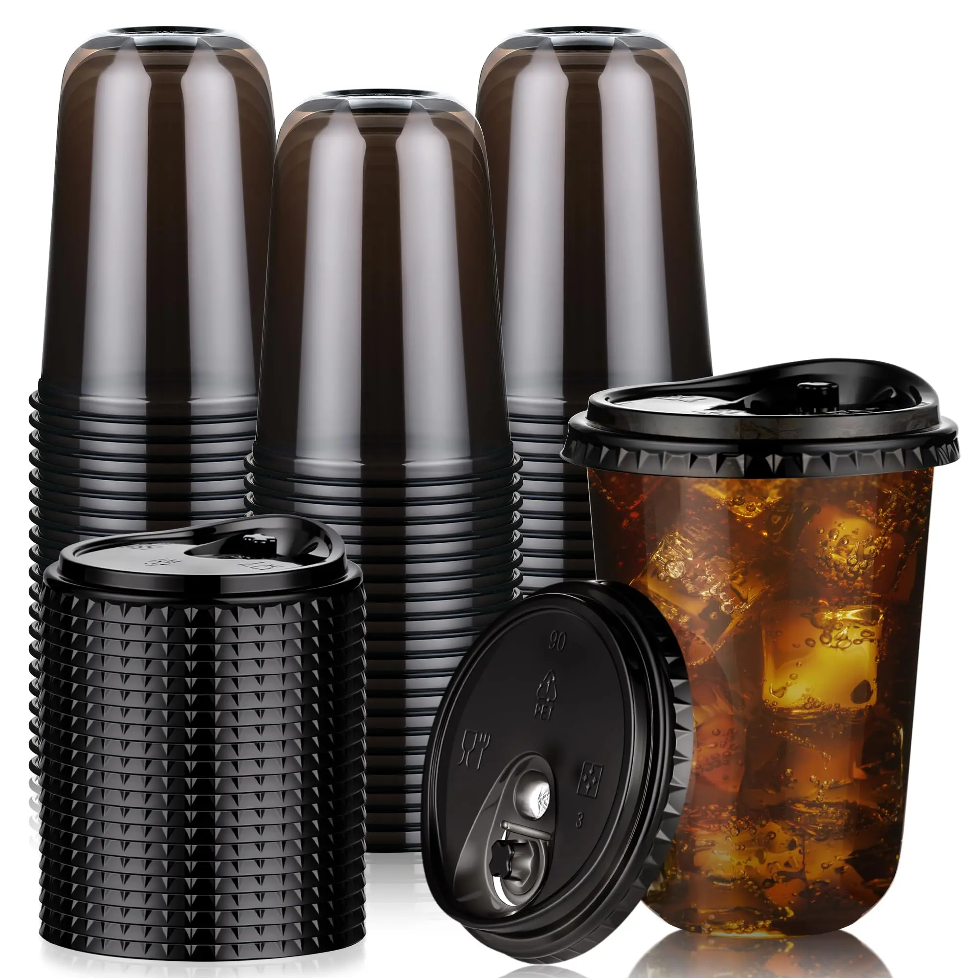20/50sets 16oz Black Plastic Cups with Sip Lids, Disposable Round Bottom Iced Coffee Cup with Lid, Black Clear To Go Drinking Cups Bulk for Cold Drinks Slushie Lemonade Halloween Party Supplies