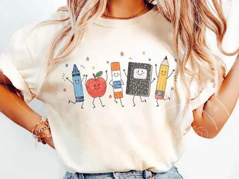 Comfort Colors Cute School Supplies Heritage Graphic Tee, Aesthetic Back To School Spirit Shirt, Radiant Teacher Crayon Apple Pencil Notebook Top, Thoughtful Classroom Sublimation Gift Boutique Heritage Apparel