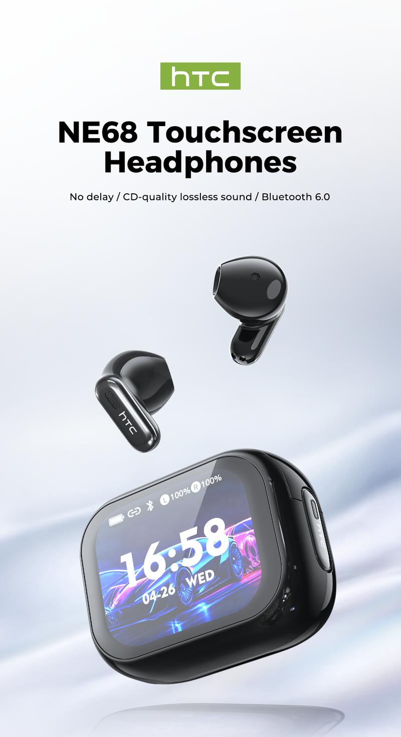 HTC NE68 Bluetooth 6.0 Earphones LCD Touch Screen IPX5 Waterproof Wireless Headphones 60H Playtime, HD Stereo Sound Earbuds, Built-in Microphone for Travel Learning Business