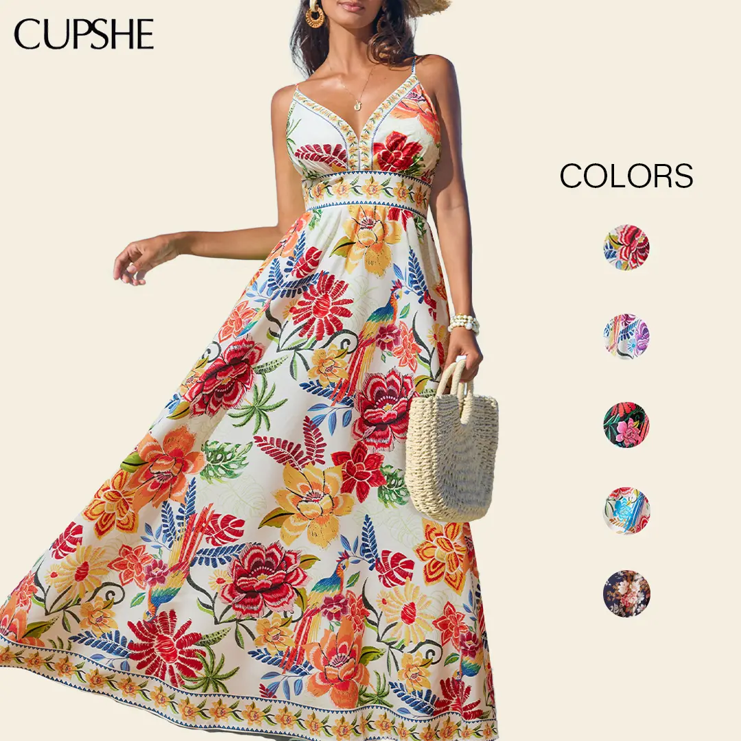 CUPSHE Women's Bohemian Tropical Floral Polyester Maxi Dress, Sleeveless Square Neck Flowy Casual Outfit for Beach Vacations, Casual Boho Soft, Flowers, Beach Outfits, Tropical Dress, Resort Wear, Boho Style Outfit, Back Zipper, Floral Print