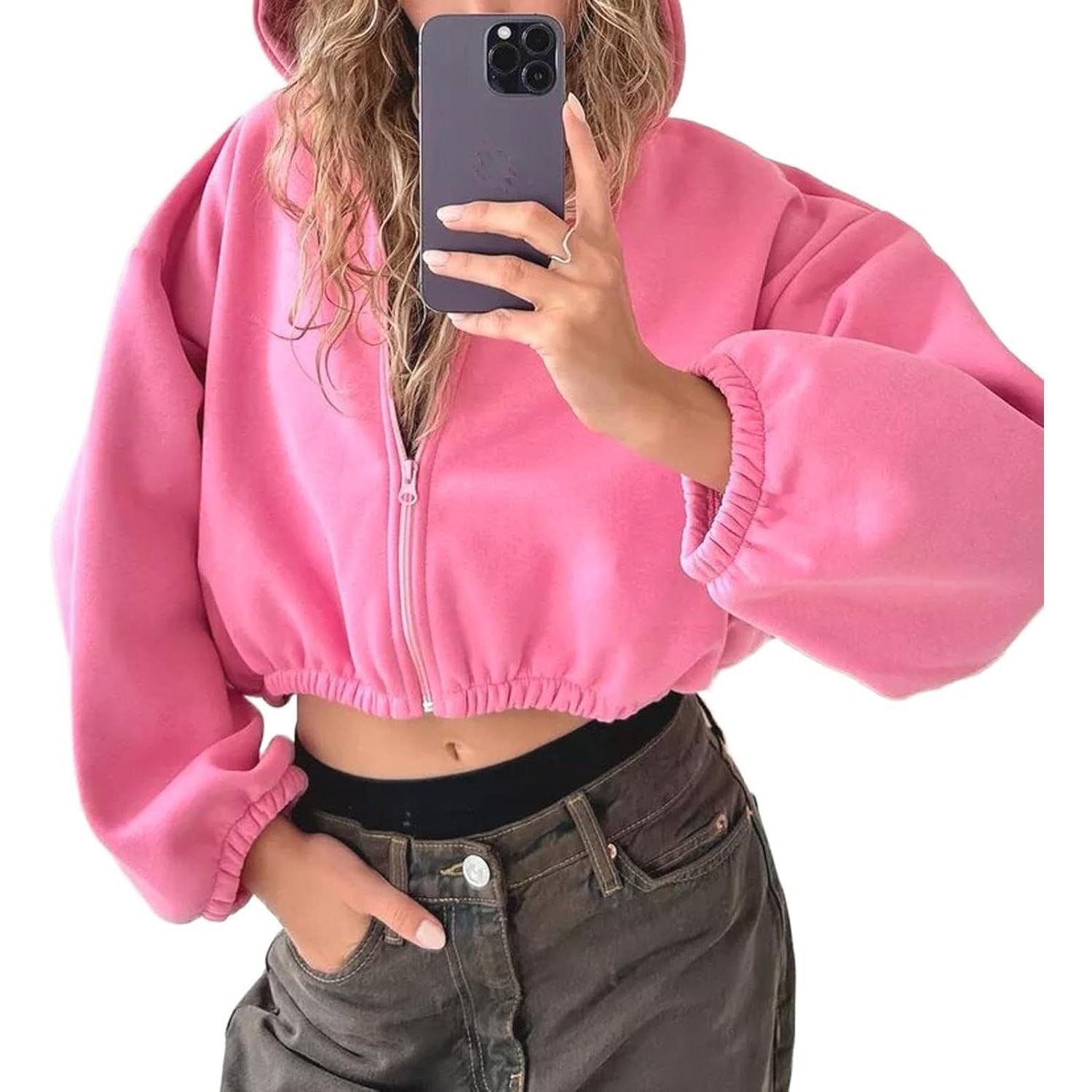 BIGWIG Cropped Zip Up Hoodies for Women Oversized Long Sleeve Casual Loose Short Sweatshirt 90s Hooded Crop Jacket Top