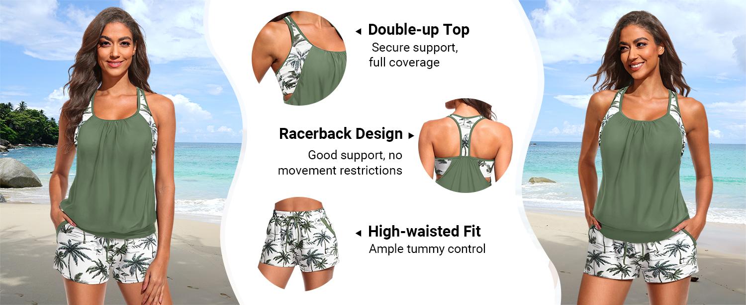 Daci Tankini Swimsuits for Women - 2026 Tummy Control Two Piece Bathing Suit with Sporty Pockets Shorts Blouson Swimwear