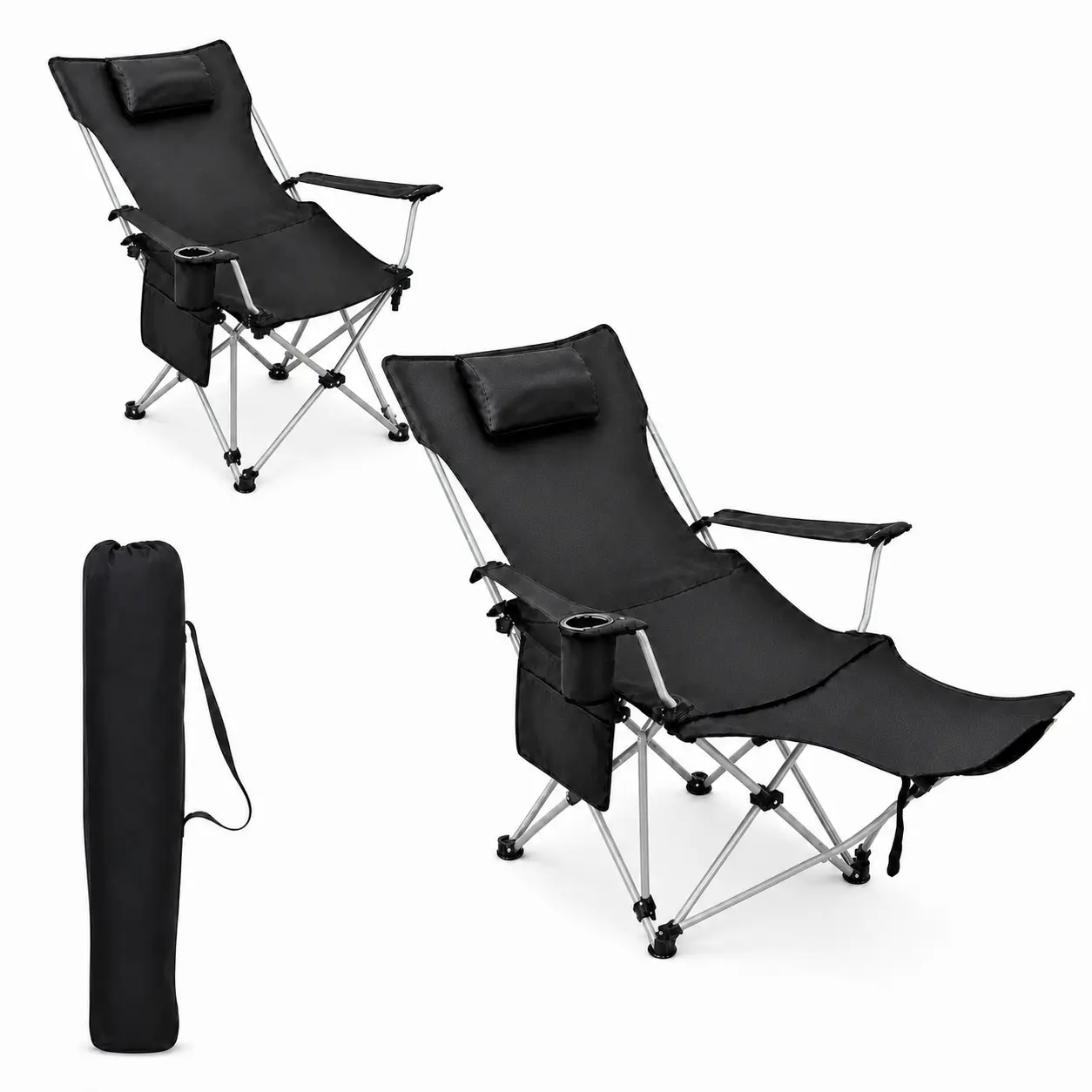 Camping Reclining Lounge Chair with Footrest - 4-Position Portable Folding Chair, Headrest, Cup Holder, Side Pocket, Carry Bag | Unique Camping Gear, Oxford Fabric