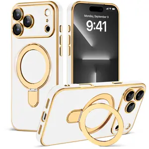 Magnetic Phone Case MagSafe Compatible with Gold Ring Holder Full Camera Protection Shockproof Slim Matte Cover