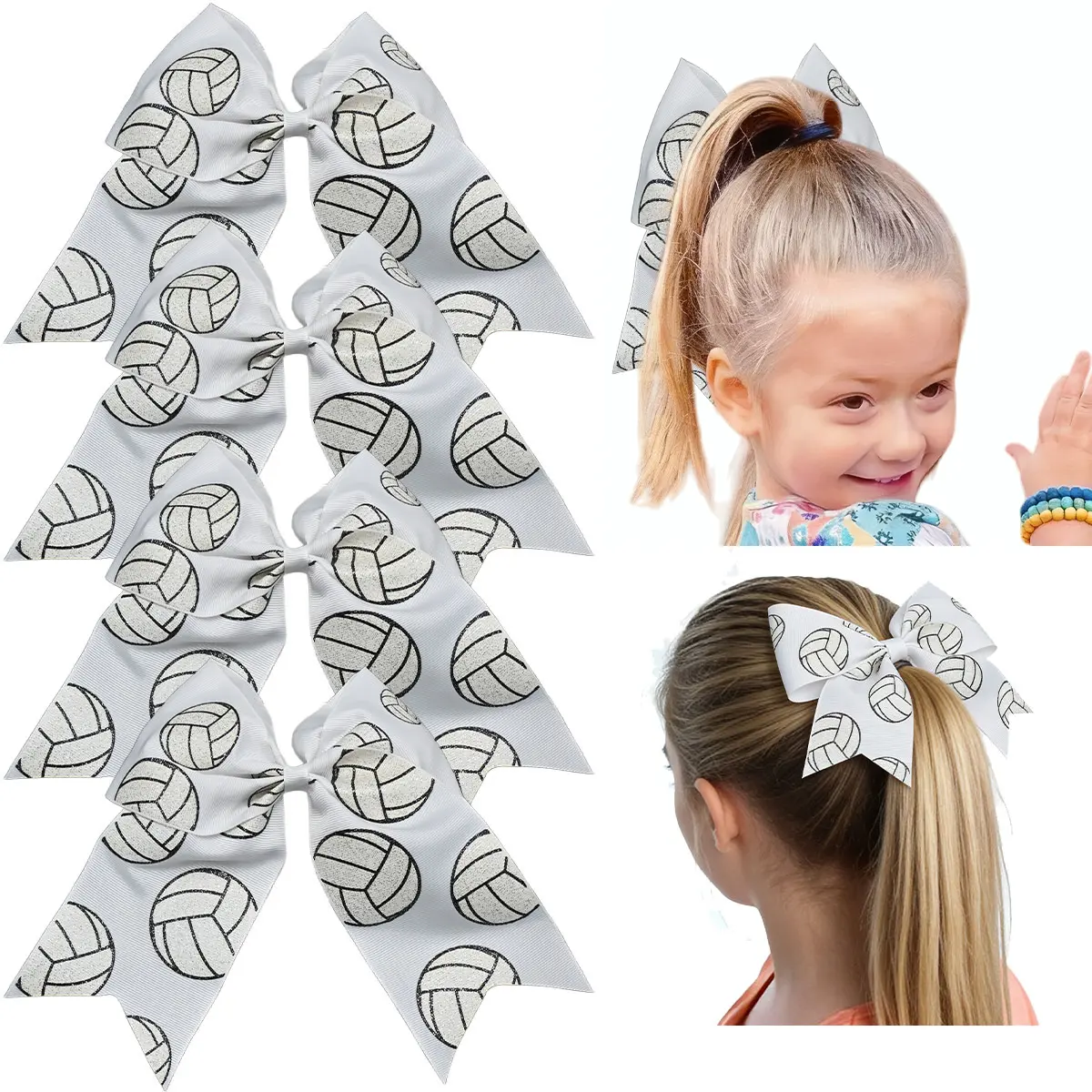 4Pcs Female Baby Hair Bows, Volleyball Graphic Athletic Hair Accessories, Great Value for Sports Game Day Cheerleaders