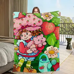Cute Strawberry Shortcake Flannel Blanket - Premium Flannel Material Skin Friendly Warm Soft Plush Throw for Sofa Living Room Office Bedroom Mother's Day Valentine's Day Birthday Christmas Gift