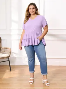 GRACE & GRANDEUR Plus Size Babydoll Tops for Women Textured V Neck Short Sleeve Tiered Pleated Casual Loose Fit Summer Blouses Top