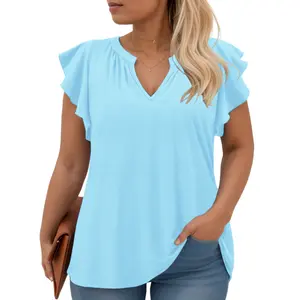 [Flash Sale] Women's Plus Size Soft Loose Summer Tops, Cute Notched V-Neck Pleated Ruffle Short-Sleeve Blouses, Trendy Casual Wear Tunics Tees with Great Fit 0153,summervibes