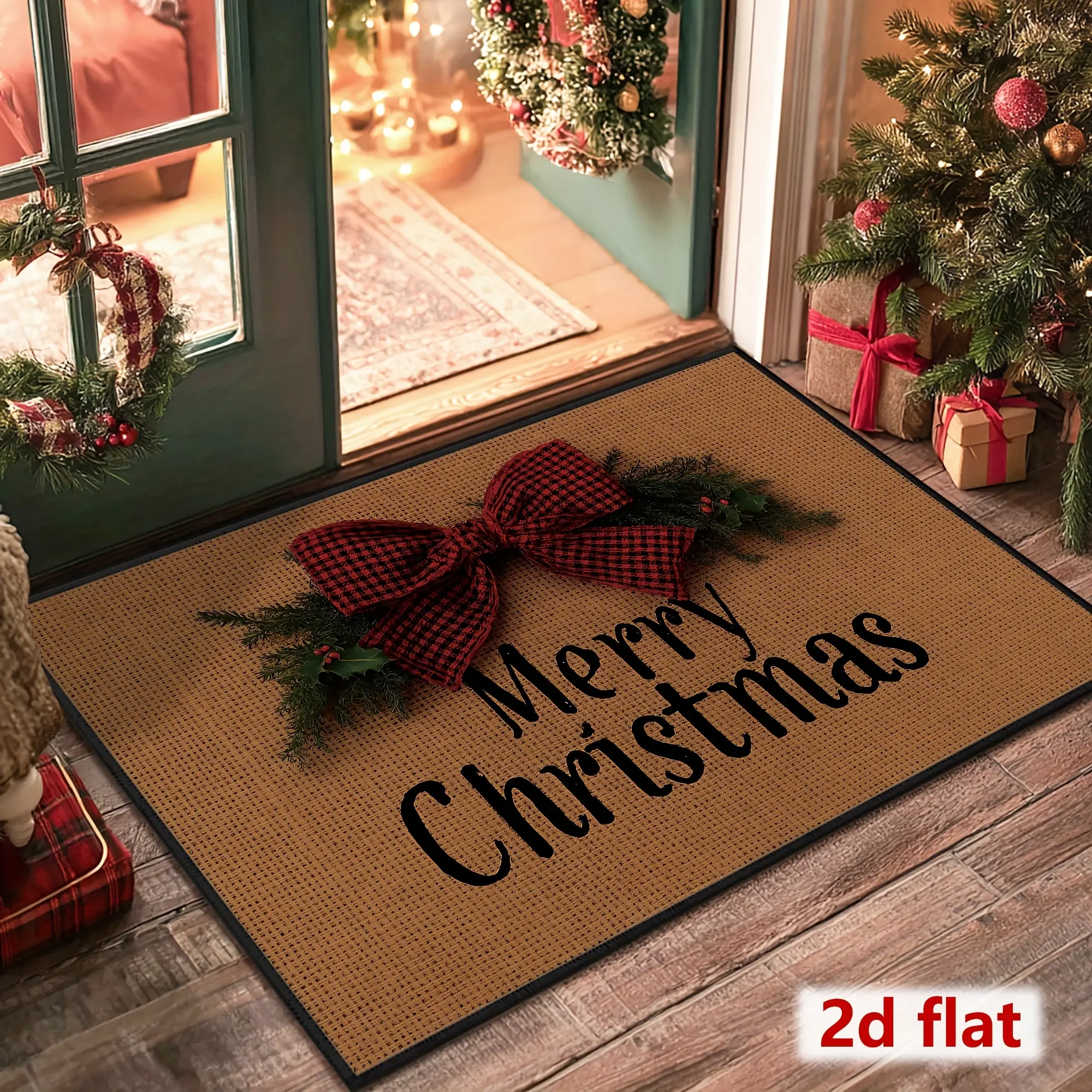 1-Piece 18x30 in 2D Flat Beige/Brown Christmas Doormat - Holiday Welcome Mat with Red Bow, Green Foliage, Merry Letters, Non-Slip PVC Backing Grips Floors, Easy-Clean Indoor/Outdoor Entry Use Rug