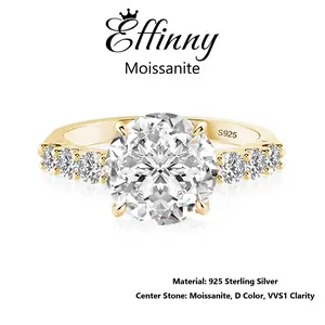 Effinny Tarnish-resistant 14K Gold-Plated 925 Sterling Silver Synthetic Certified Moissanite Engagement Ring, 2.0/4.0 Carat Excellent Round Cut D Color VVS1 Promise Wedding Travel-friendly Jewelry for Women