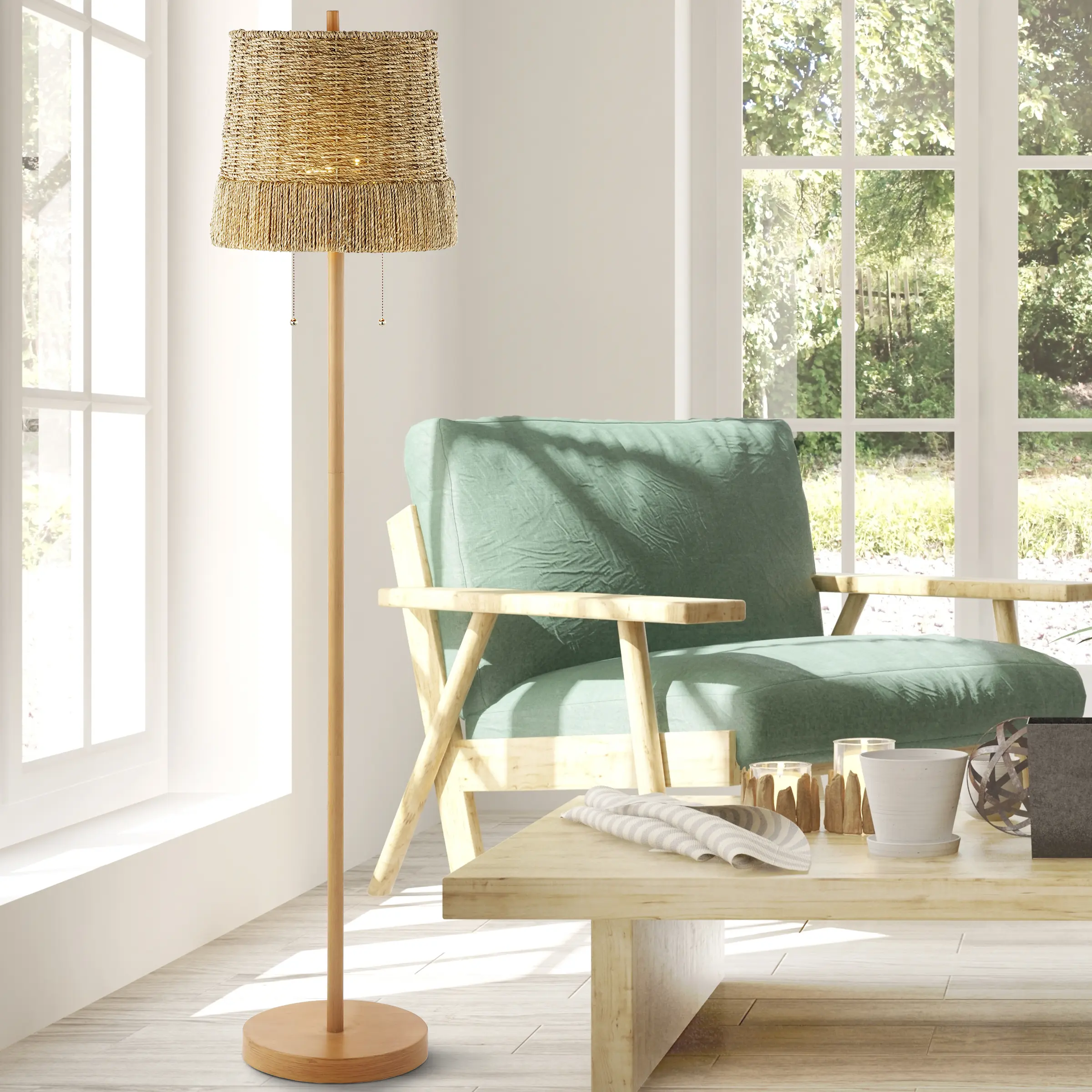 JONATHAN Y Ocata Coastal Bohemian Iron-Rattan-Seagrass LED Floor Lamp with Pull-Chain, Ambient Reading Light, Decorative Lights for Living Room Decor, Bedroom Indoor Lighting