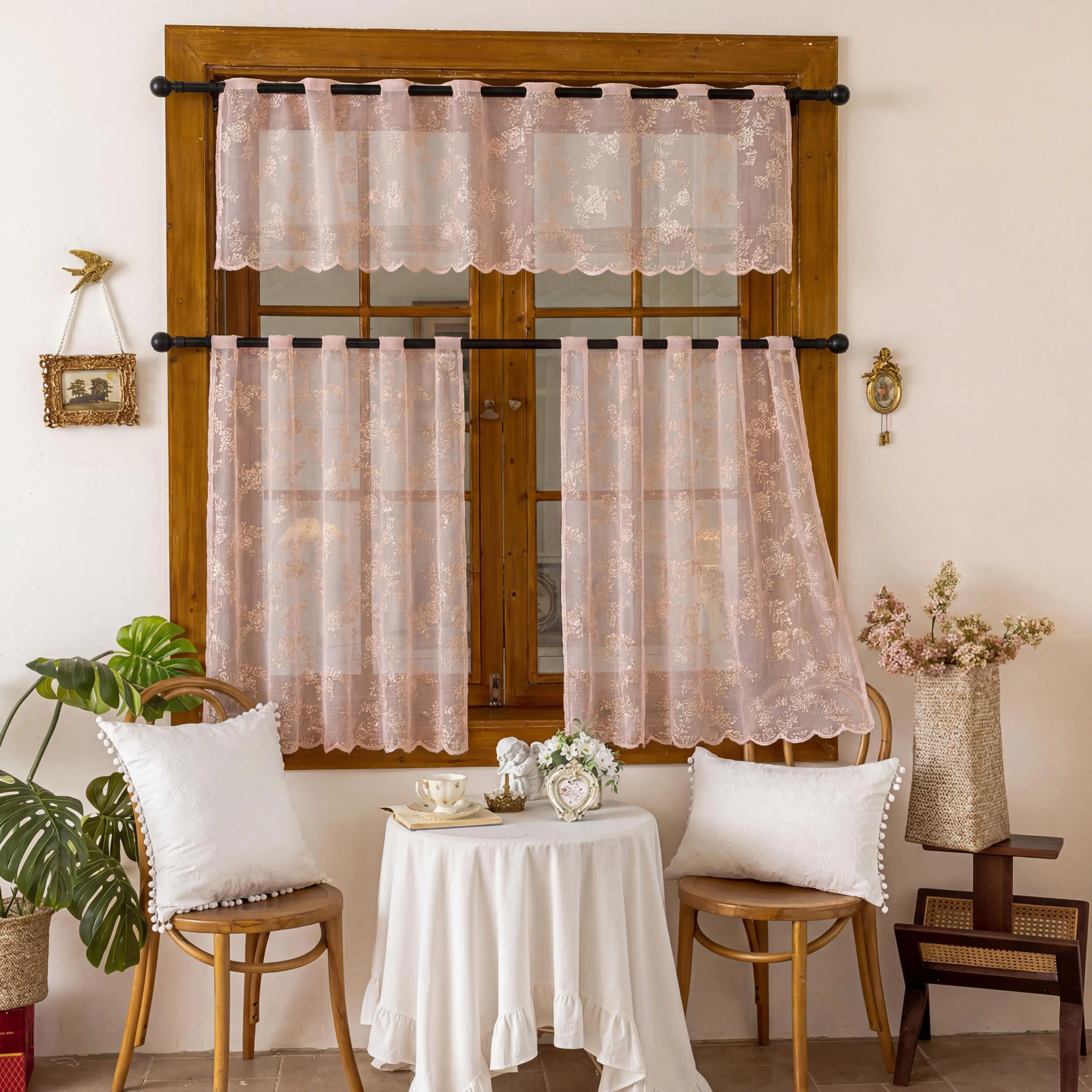 Home Decorative 3-4 Panel 100% Polyester Semi Sheer Lace Pattern Curtains Set, Breathable Warp Knitted Mesh with Lace Trim, Rod Pockets, Light Filtering Vintage Floral Print, Includes 4 Pcs(26x36in) & 3 Pcs(52x18+26x36in) for Home Kitchen (L46 822), Home