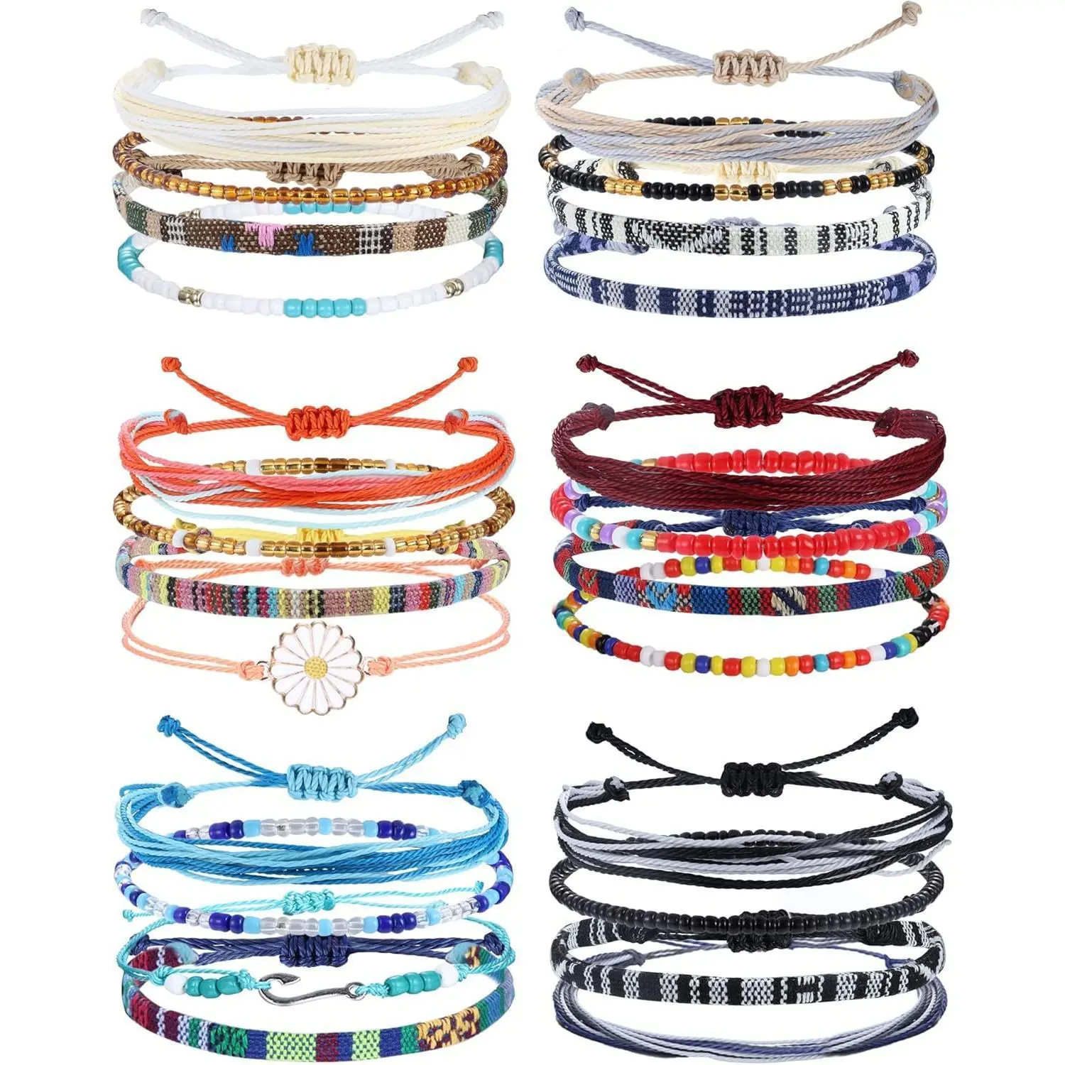 CASSIECA Women's 24-Piece Waterproof Stackable Bracelets - Handmade, Adjustable, Beach-Theme Friendship Bracelets, Surfer Wave Boho Anklets for Daily Wear, Summervibes, Stackable Bracelet