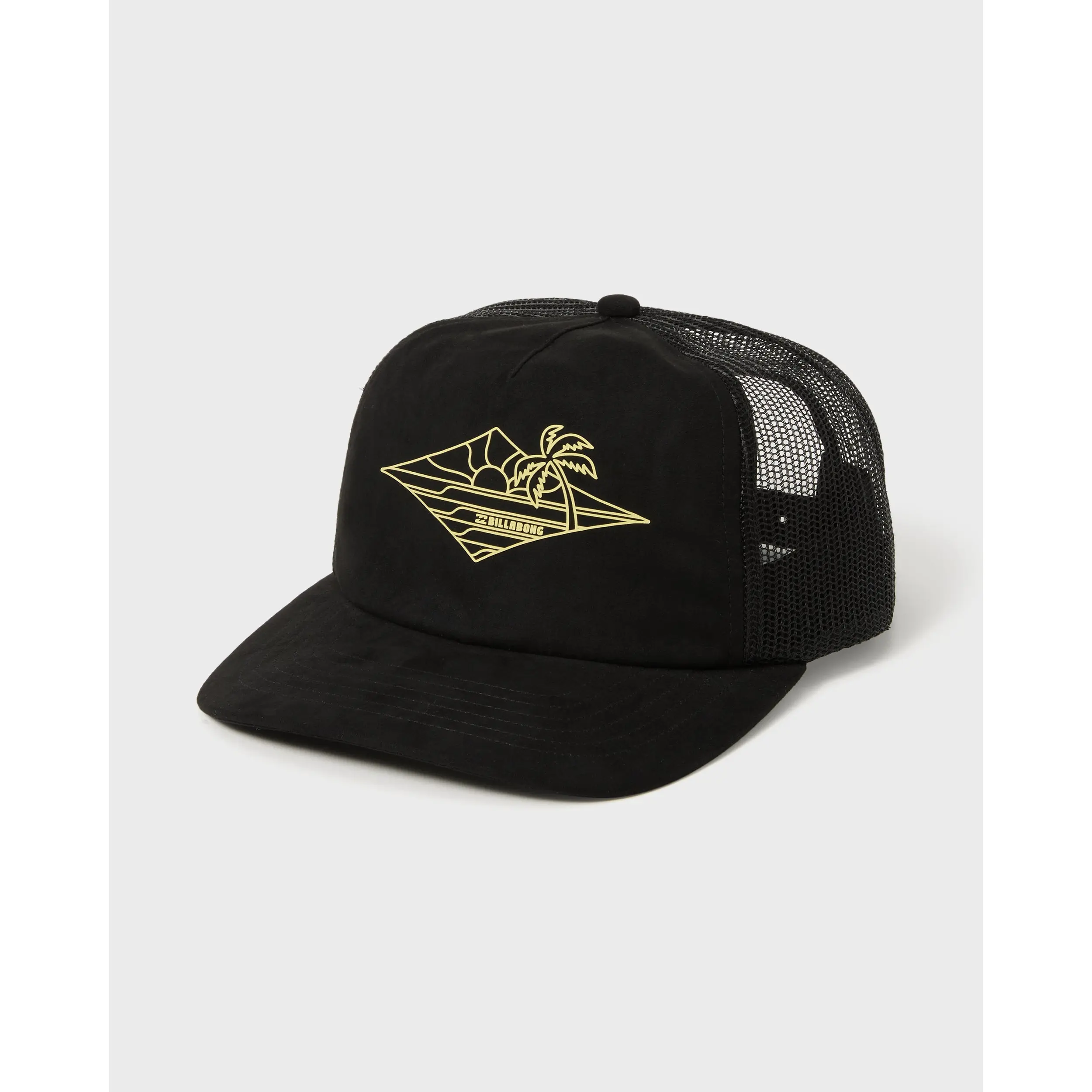 BILLABONG Lounge Trucker Hat Black Snapback Adjustable Hat Mesh Baseball Cap Casual Outfits Cap, Medium Profile 5 Panel Trucker Hat Demi-Curved Brim with Seasonal Art