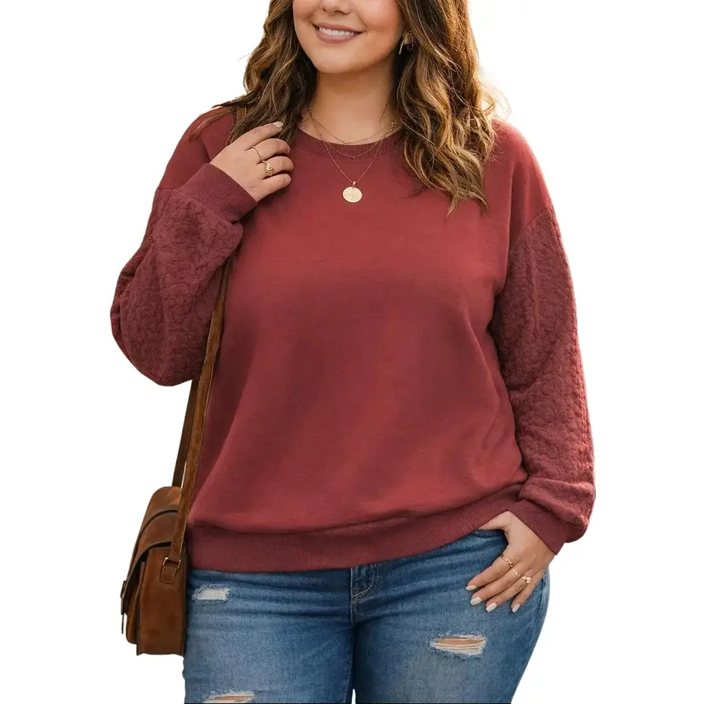 Women's Plus Size Oversized Knit Sweatshirts - Casual Crewneck, Cable Knit Sleeves, Lightweight Fabric, Dressy Loose Fit Pullover Tops (XL-5XL) with Hip Style Clothes & Leggings Compatibility, Knitwear, Basic, Stretchy, Comfortable, Cute