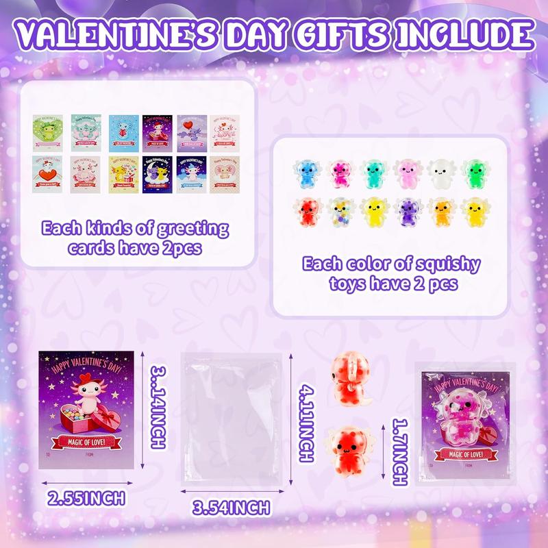 24 Pcs Valentine’s Day Gifts for Kids, Axolotl Stress Ball Fidget Toys with Valentine Cards, Squishy Relief Balls Bulk, School Classroom Exchange Party Favors
