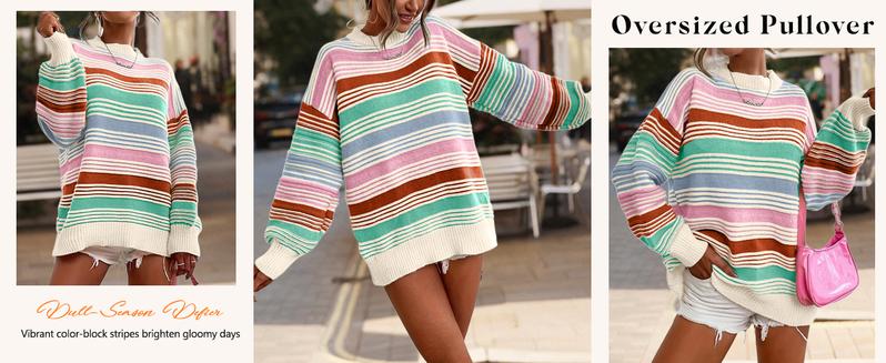 CHARTOU Women Contrast Striped Pullover Sweater 2025 Fall Outfits Oversized Knit Jumper Tops