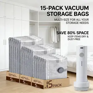 【2026 Upgraded】 X7 Cordless Travel Vacuum Storage Compression Bag Set with Rechargeable air Pump 15 Pack Waterproof & Reusable Compression Packing Bags for 3 Size，140L/Min Powerful Air Removal，Perfect for Carry-On Suitcases storage bag
