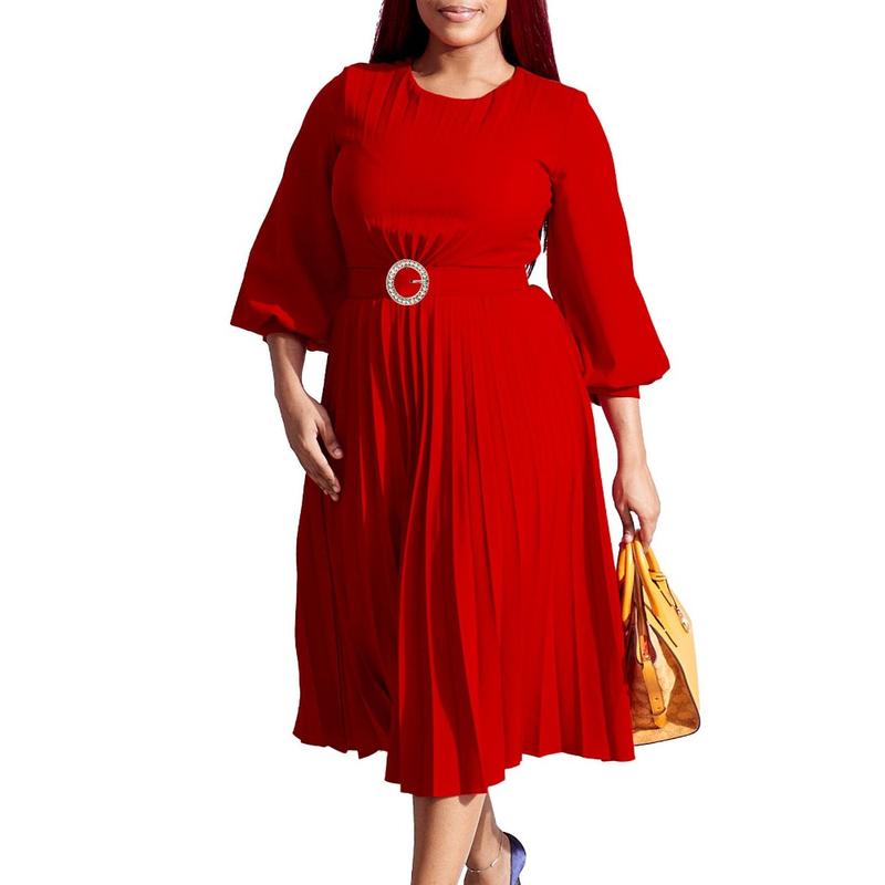 Women’s Pleated Midi Dress with 3/4 Puff Sleeves, Round Neck and Ring-Buckle Belted Waist, A-Line Silhouette with Back Keyhole — Elegant Choice for Work, Church & Wedding Guests