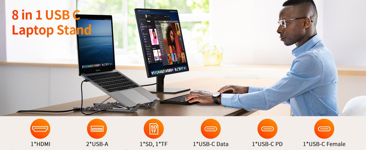 Mukiya USB C Laptop Stand with Docking Station, 8 in 1 USB C Hub with 4K HDMI, 3xUSB C, 2xUSB A, 1xSD, 1xTF Port for MacBook/Dell/HP/Surface/Lenovo Springtok Mukiya USB C Laptop Stand with Docking Station, 8 in 1 USB C Hub with 4K HDMI, 3xUSB C, 2xUSB A, 1xSD, 1xTF Port for MacBook/Dell/HP/Surface/Lenovo Springtok