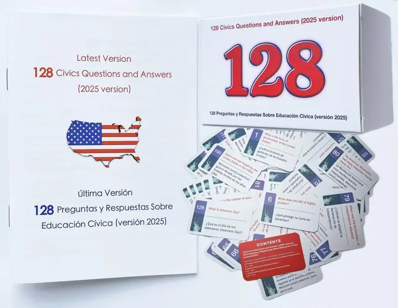 US Citizenship Flash Cards 2026-128 USCIS Civics Questions & Answers, Civics Test Flash Cards Bilingual Booklet Combo Set - Tarjetas de ciudadania 2026 inglés y español, Naturalization Study Guide