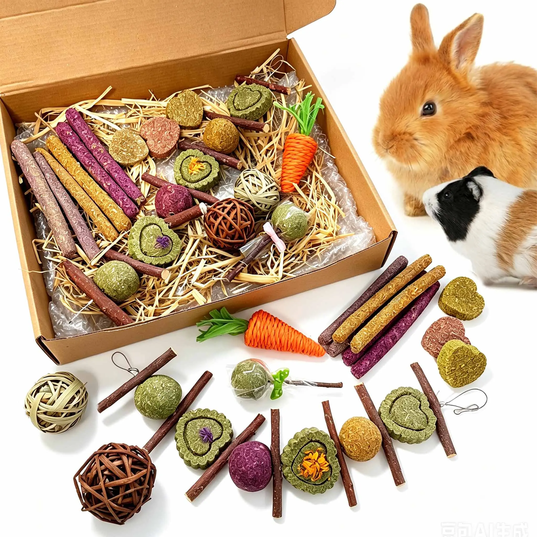 Bunny Chew Toys & Treats, Natural Timothy Hay and Apple Wood Chew Set for Rabbits, Guinea Pigs and Chinchillas, Supports Dental Health and Reduces Boredom