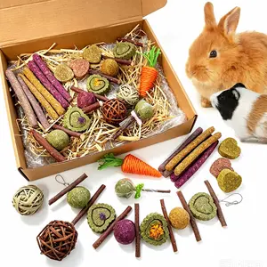 Bunny Chew Toys & Treats, Natural Timothy Hay and Apple Wood Chew Set for Rabbits, Guinea Pigs and Chinchillas, Supports Dental Health and Reduces Boredom