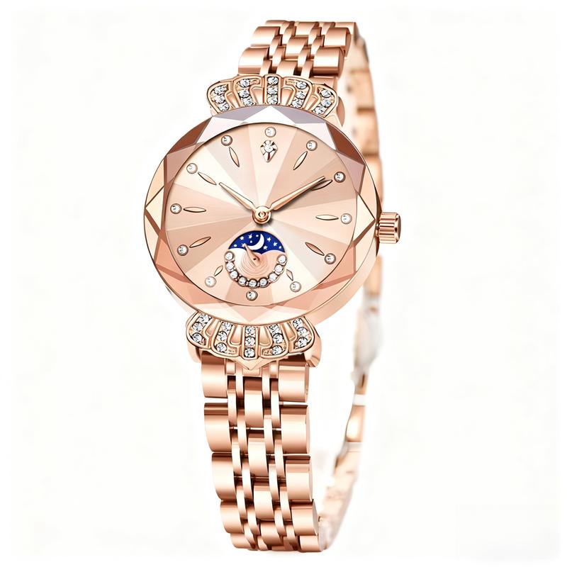 [Mother's Day Gift] Elegant Women's Wristwatch with Moon Star Sun Dial, Faceted Crystal Accent, Stainless Steel Band, Anniversary Gift for Her