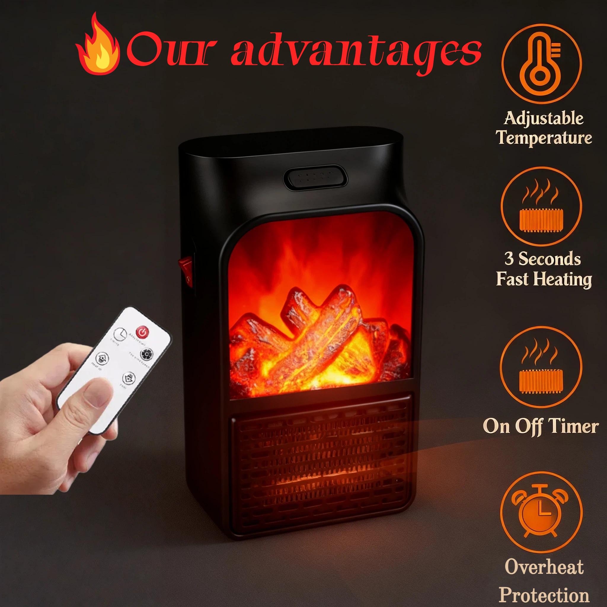 Small Fireplace heater for Indoor use with Realistic 3D Flame, Space Heater with Thermostat, 900W PTC Ceramic Heating, Tip-Over Safety Switch, Black