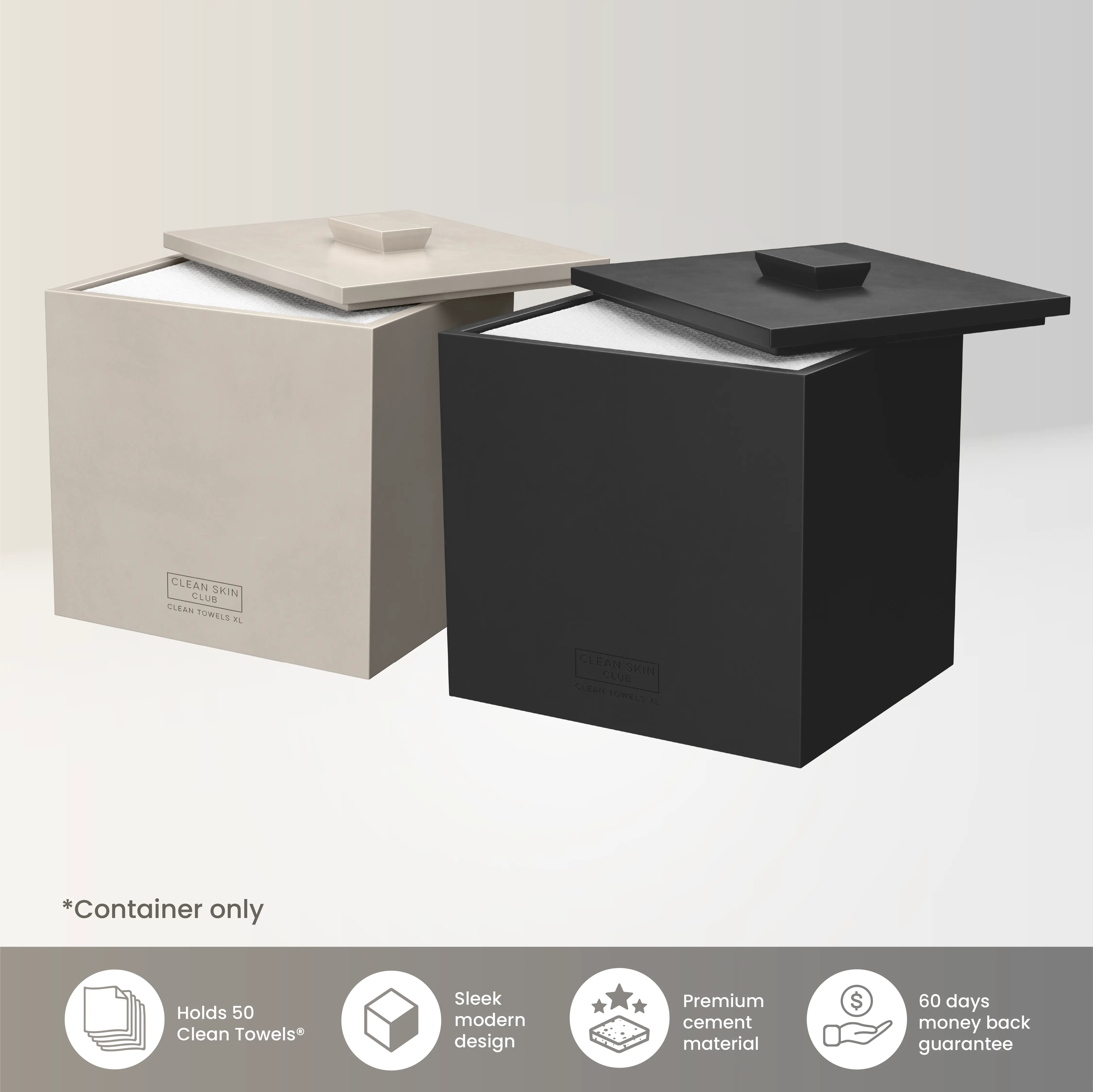 CLEAN SKIN CLUB Matte Onyx Cement Box for 50 Disposable Clean Towels XL Water-Resistant Space-Saving Bathroom Counter Storage Minimalist Design