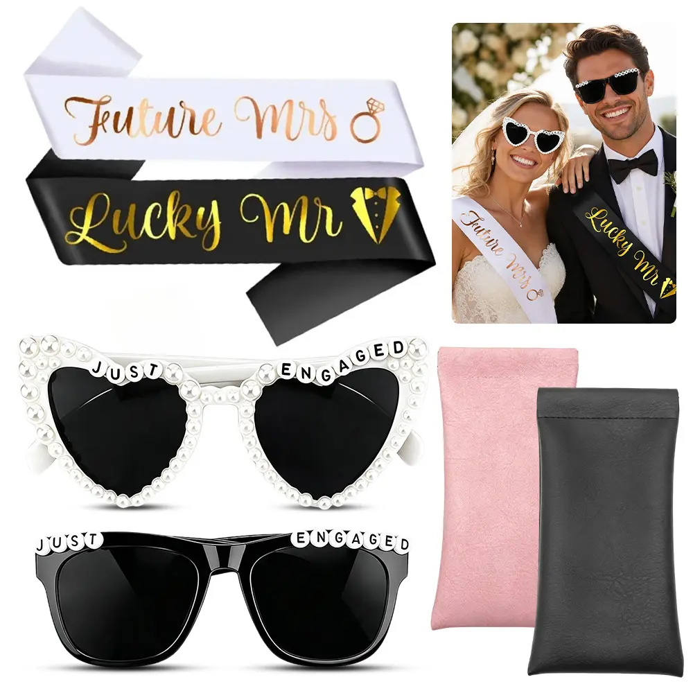 6Pcs Just Engaged Party Sunglasses Decor Kit, Matching Satin Sash & PU Glasses Case Included, Cute Photo Prop Eyewear Accessories for Bachelorette Engagement Wedding Celebration Party Supplies ﻿ sohochic