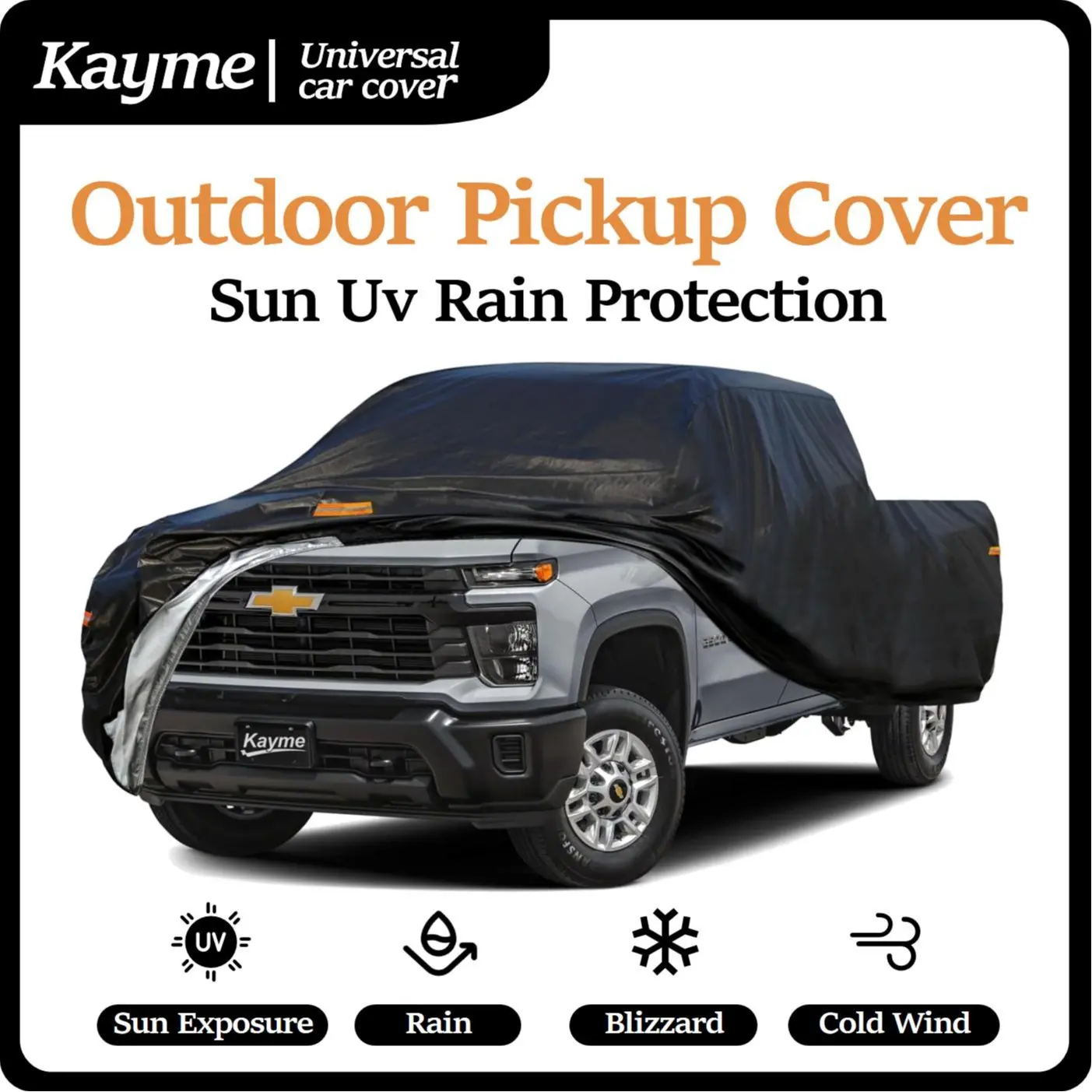 Kayme 6-Layer Black & Silver Waterproof Heavy Duty All-Season Car Cover, Universal Truck Bed Covers for F150, Silverado, Ram (144-262", 154" Max Cab L, 250" XXL Max L, 146" Cab Fit), Sun/UV Protection, Rain Shield, Fender Flares, Father's Day Gift