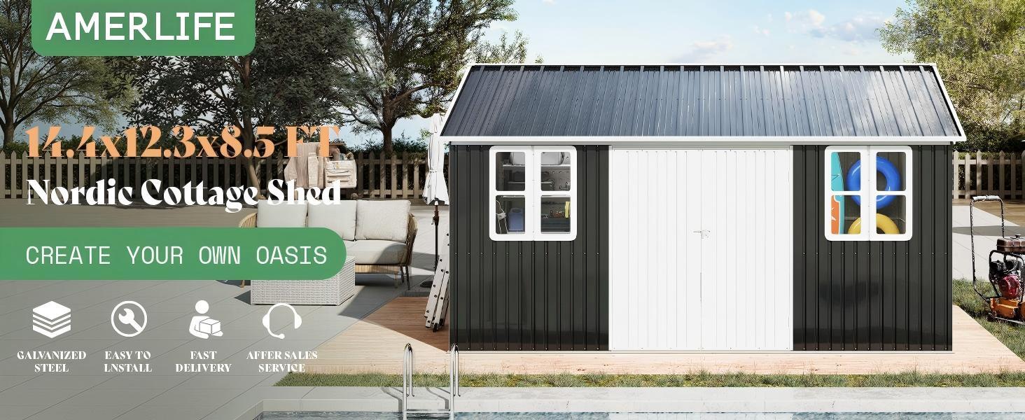 [Spring Sale] AMERLIFE Shed 4-pane Window Nordic Cottage Storage Shed Outdoor Metal Garden House Double Hinged Lockable Doors for Backyard Garden Patio Lawn
