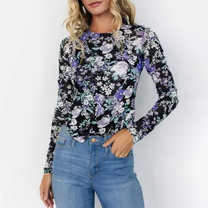 Black Floral Print Mesh Fitted Long Sleeve Top