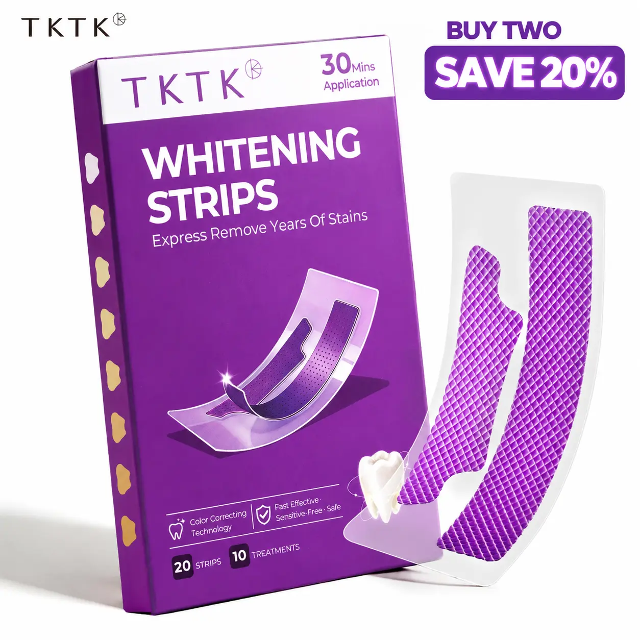 TKTK Purple Teeth Whitening Strips with PAP+ Color Correcting Technology - Peroxide-Free Teeth Brightening Strips, Gentle Whitening Treatment for Sensitive Teeth, 10 Treatments (20 Strips)#backtoschool