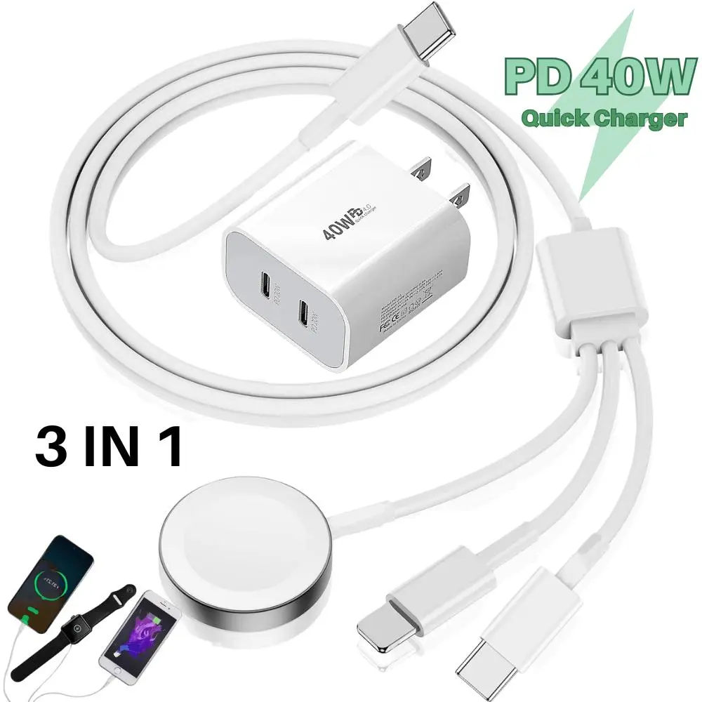 3 IN 1 USB-C Magnetic Watch Charger Cable with 40W Fast Charging USB-C Wall Power Adapter for Smartphones, Cellphones, Mobile & Electronic Devices, Smartphone, Portable