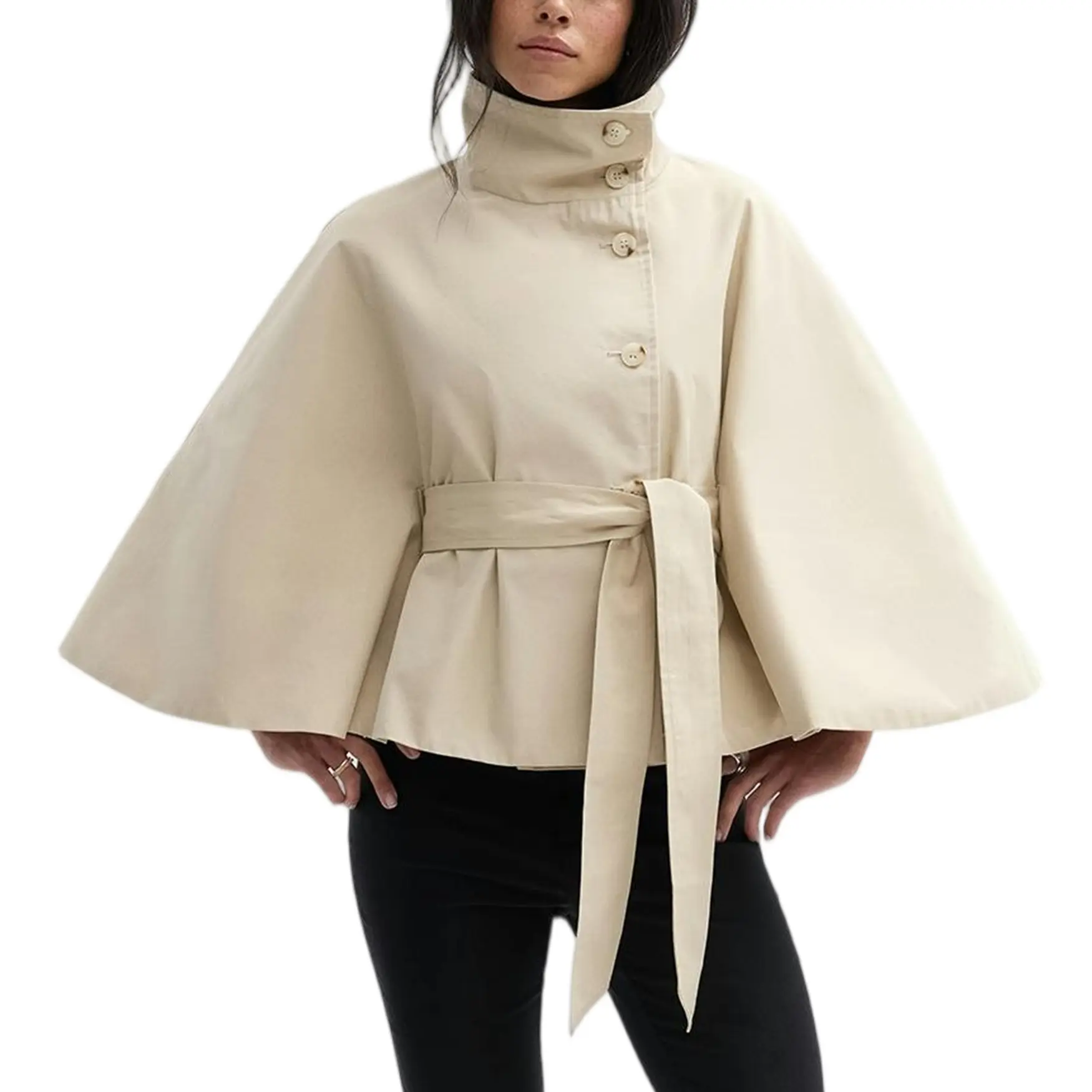 Hixiaohe Women's Short Cape-Style Trench Coat with Stand-Up Collar and Batwing Sleeves; Fall/Winter Pea Coat; Fashionable Coat with Belt