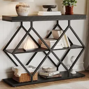 3-Tier Entryway Table, Industrial Console Sofa Table with Storage, Accent Table with Open Shelves, Diamond-Shaped Metal Frame, Foyer Table for Entryway, Hallway
