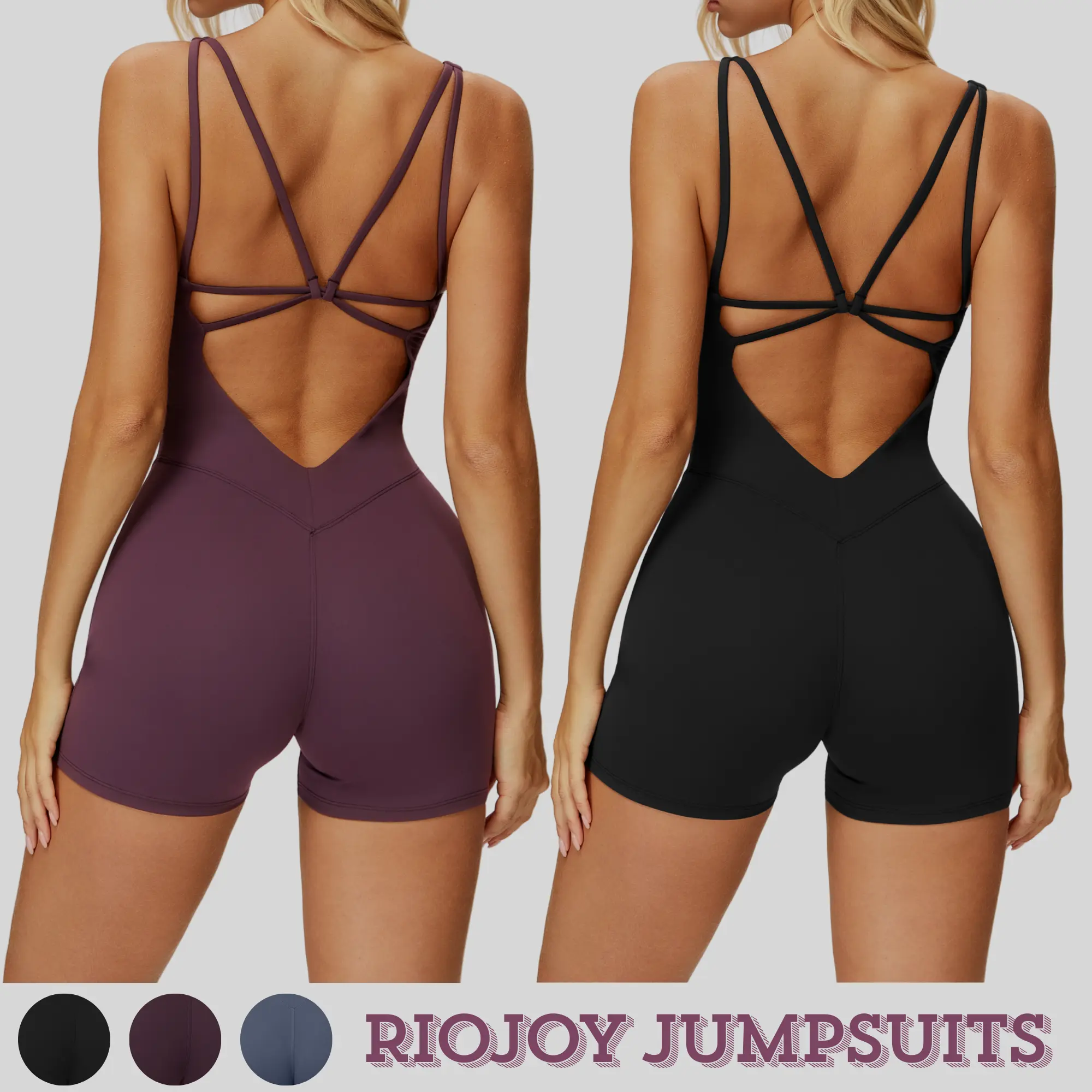 RIOJOY Women's Criss Cross Bodysuit - Elastane 1-Piece Workout Jumpsuit with Shorts, V-Back Backless Bodycon Shapewear for Yoga, Sports, Festival