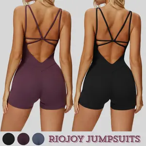 RIOJOY Crisscross Bodysuit One Piece Workout Shorts Jumpsuits for Women Sexy Athletic Yoga Romper V Back Shapewear Backless Gym Bodycon