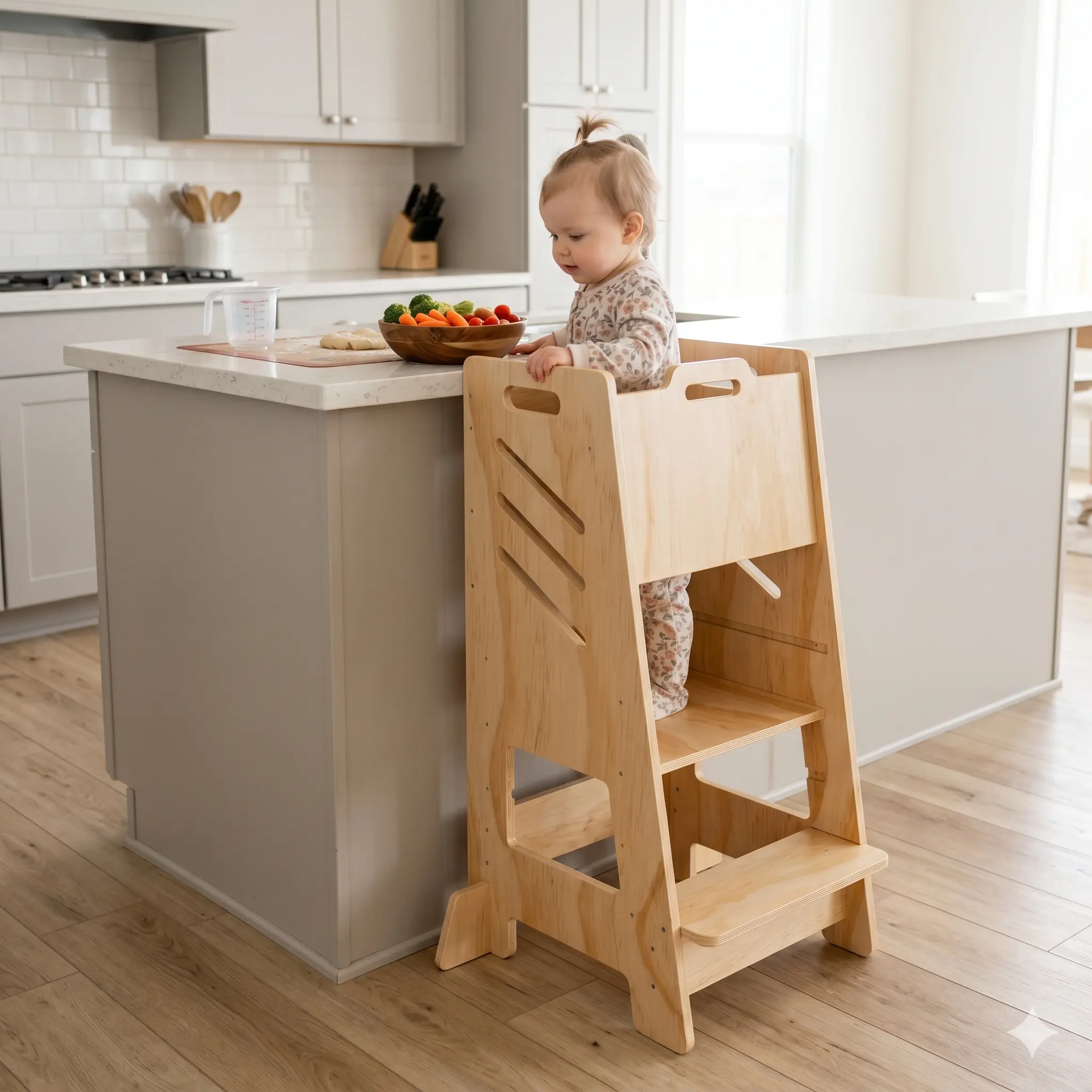 Montessori Wood Learning Tower Kitchen Helper Toddler Step Stool - Multipurpose Furniture, 3-Level Height-Adjustable, Safety Anti-Collision Rounded Edges, Anti-Slip Strips, Waterproof Coat, Assembly Required, for Cooking & Sink Use, 3-Level Adjustable, Li