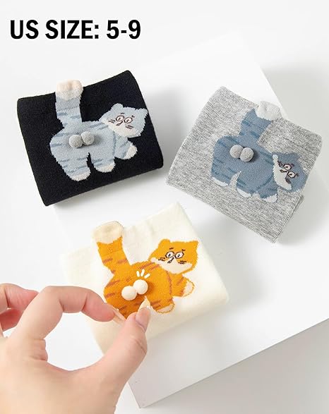 3 Pairs Cute 3D Cat Socks with Balls for Women & Girls Crazy Novelty Animal Socks Silly Matching Couple Socks for Casual Wear & Special Occasions