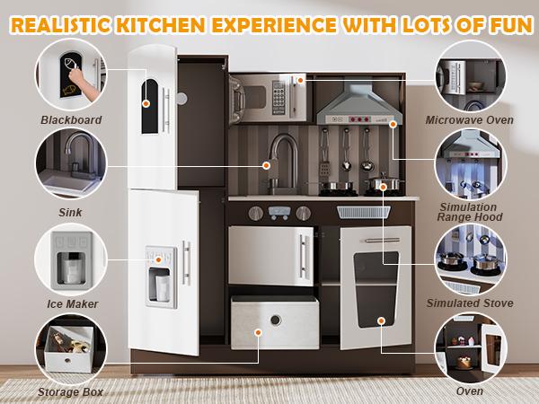 Kids Play Kitchen Set Pretend Wooden Playset Toy w Sound Light Oven Ice Maker Blackboard Toy Storage Box for Toddlers Ages 3+