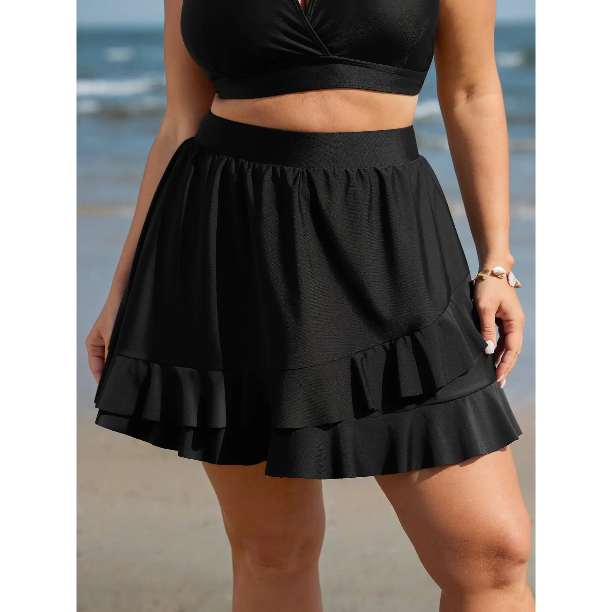 【Tummy Control】BLOOMCHIC Plus Size Ruffled Layered Plain Swim Bottoms [M-6X] Swimwear Shorts Swimsuit Shorts,Summerfinds