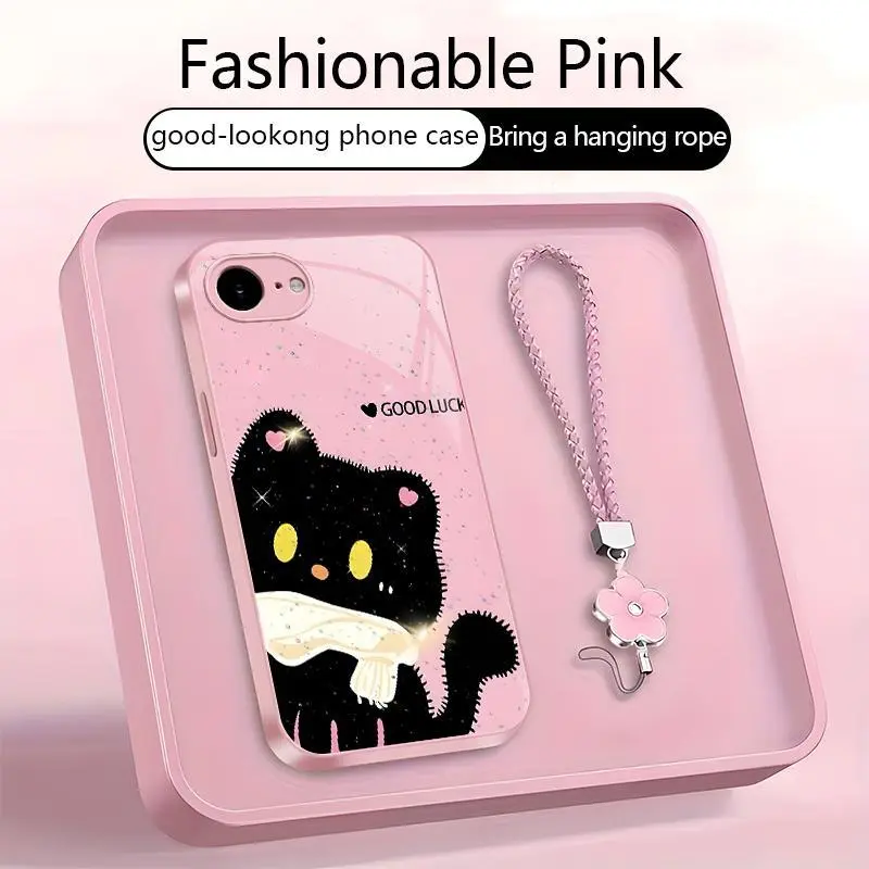 Suitable for [iPhone 16e] high-end women's phone case🤩，a beautiful four-leaf clover lanyard is included🍀，a free four-leaf clover lanyard is included, with Glitter Black Cat patterns 952