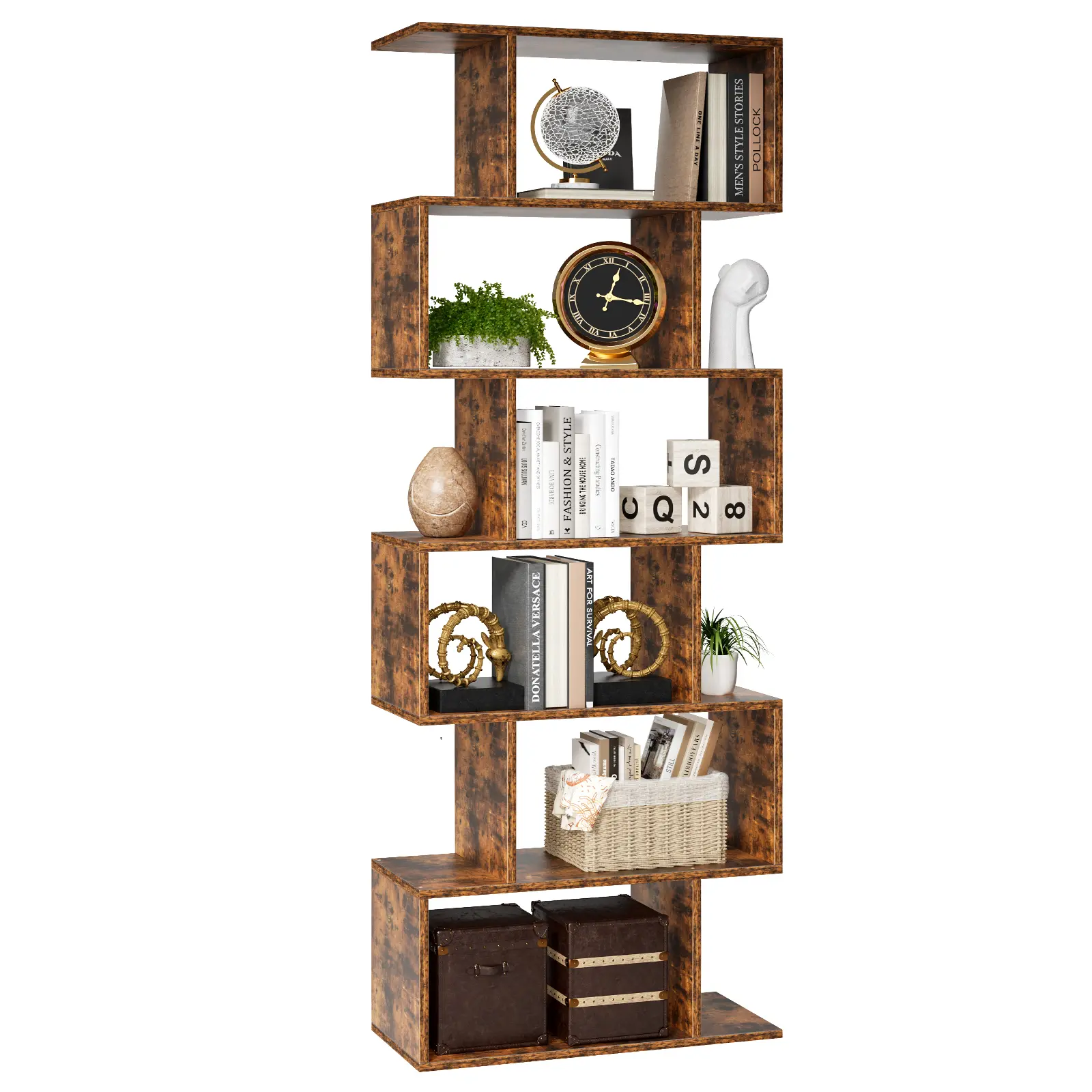 Sweetcrispy 62" Geometric 5-Tier S-Shaped Bookshelf Rack - Modern Tall Room Divider Shelf for Living Room, Home Office, White Floating Design