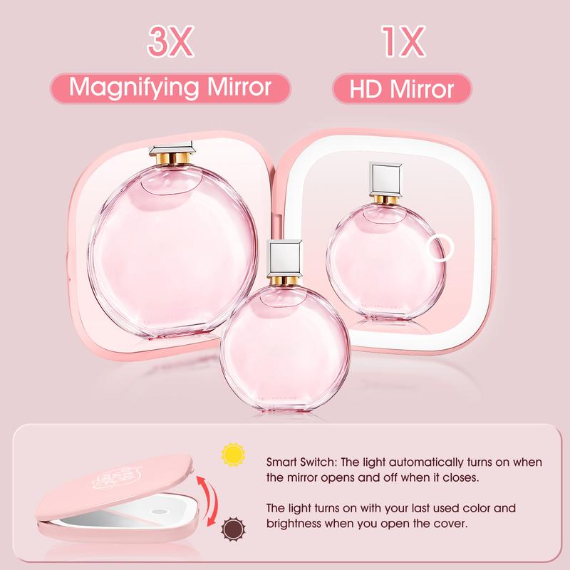RAMUSO Lilac Mirror -  Compact Mirror Double Sided 1x/3x Magnifying for Travel,Makeup, Adjustable Lighted Hand Mirror for Beauty, Skincare, Touch-Up, Home & On-the-Go | Compact Pink Pocket Mirror New Year Gift for Her Everyday Essential