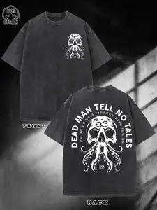Unisex Vintage Streetwear T-Shirt with "The Dead Don't Lie" & Skull Octopus Tentacle Graphic - Loose Fit Short Sleeve Washed Cotton Top, 240g Casual Daily Wear for Gothic/seafood/for - Outfits (Machine Washable)
