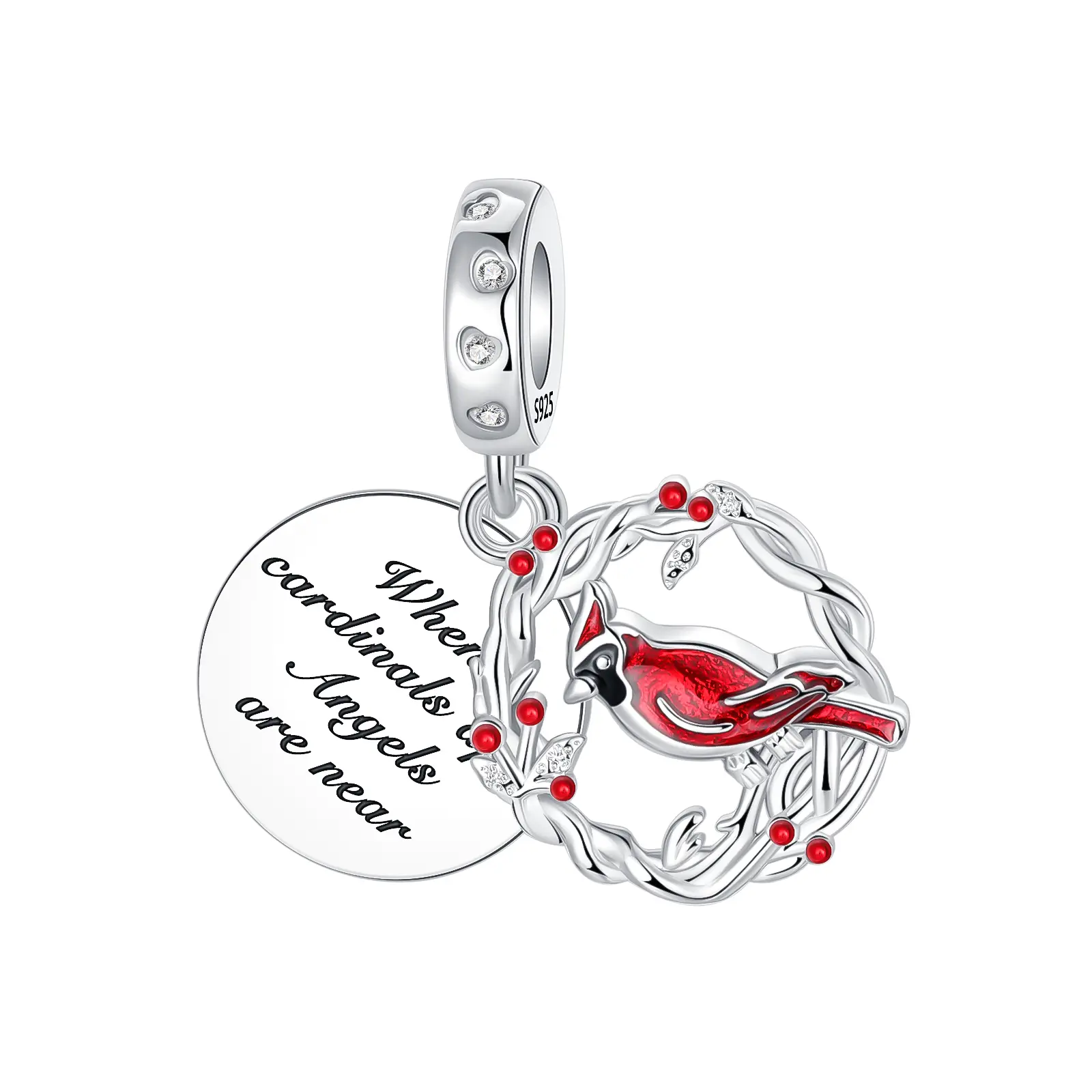 Red Cardinal Memorial Charm 925 Sterling Silver, Engraved Tag, Red Enamel Details — Memorial Keepsakes & Bereavement Gifts, Red & Silver Bracelets, Necklaces, Jewelry Gift for Women